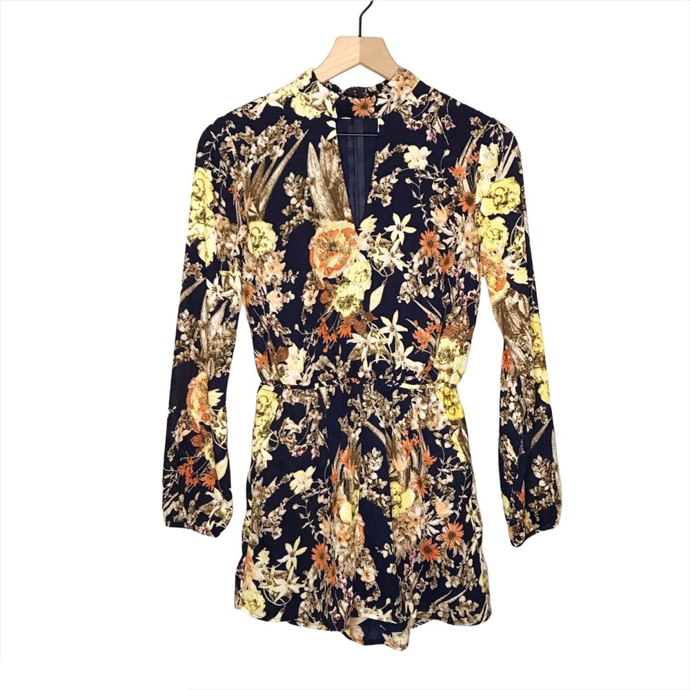 Lucca Couture Floral Printed Long Sleeve Keyhole Romper XS